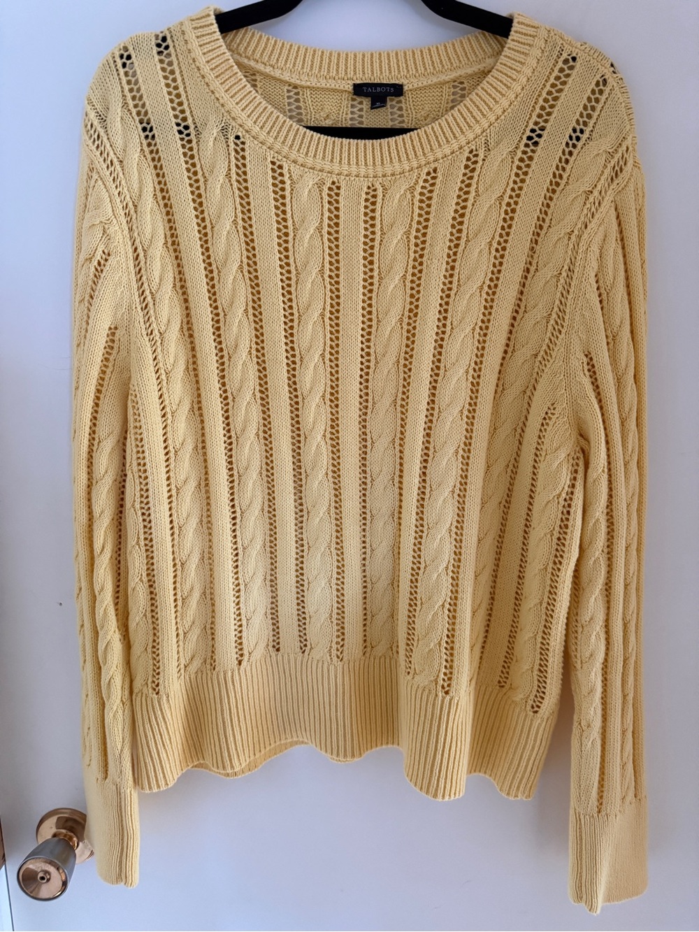 Talbots Butter Yellow Cotton Cable Knit Sweater XL Openwork Coastal Preppy
